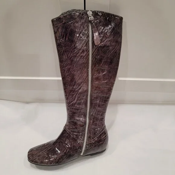 Ecco Patent Leather Riding Long Boots Zipper All season - Gray Brown Size 8